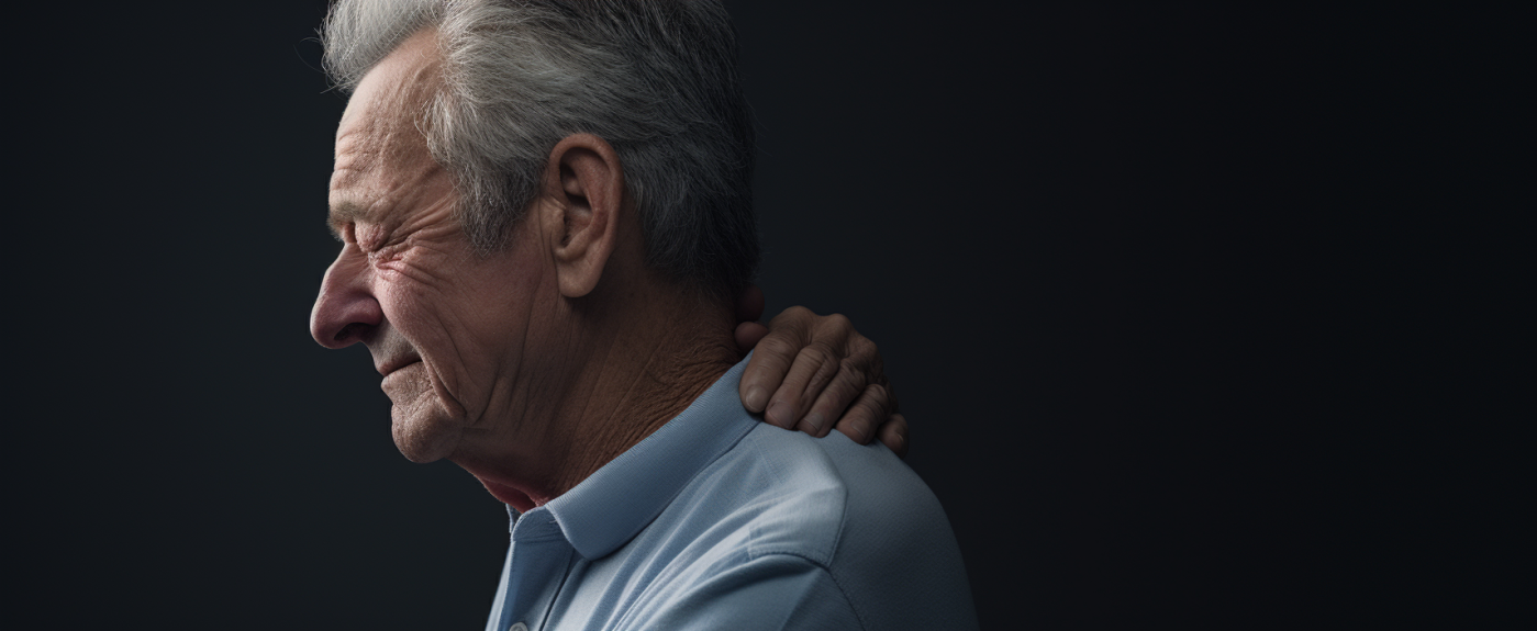elderly man holding the back of their neck in pain